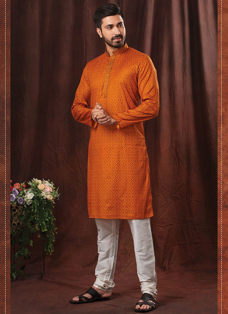 Orange Colour Party Wear Mens Poly Kurta Pajama Collection IV-KP-10